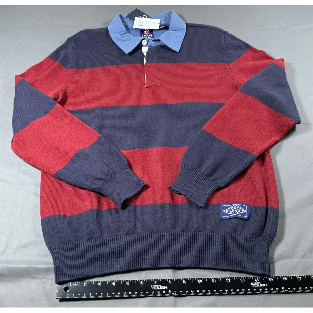 Chaps Mens Striped Rugby Sweater Navy Red Cotton Knit Long Sleeve NWT Size M